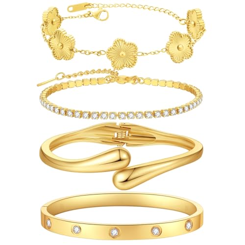 Mothers Day Gifts for Mom 18K Gold-Plated Bracelet Set – Floral Clover, Tennis, Chunky Adjustable Twist Cuff, Classic Gold-plated Bangle Stainless Steel, Non Tarnish, Stackable Bracelet Gift for Women - style: YR floral gold
