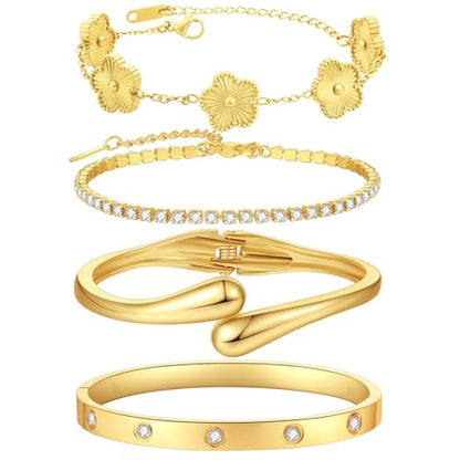 Mothers Day Gifts for Mom 18K Gold-Plated Bracelet Set – Floral Clover, Tennis, Chunky Adjustable Twist Cuff, Classic Gold-plated Bangle Stainless Steel, Non Tarnish, Stackable Bracelet Gift for Women - style: YR floral gold