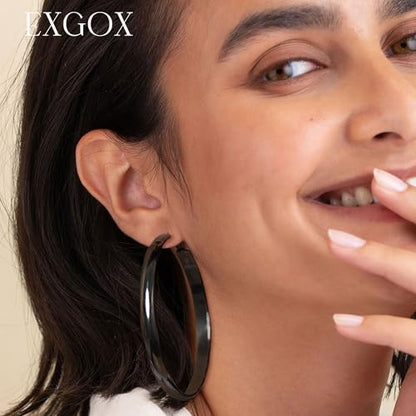 EXGOX 5mm Wide Gold Hoop Earrings for Women,Sterling Silver Hoop Earrings Large Silver Hoop Earrings Hypoallergenic Lightweight 14K Real Gold Plated Big Hoop Earrings for Women 30/40/50/60/70mm - color: Black Hoop-60mm