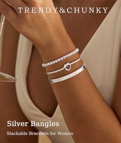 ZOERAY Silver Gold Bangle Bracelets for Women Non Tarnish 14k Gold Plated Stackable Cuff Bracelets for Women Trendy Cubic Zirconia Stainless Steel Chunky Bracelet Stack Set Waterproof Jewelry Gifts - color: A.Knot-Silver