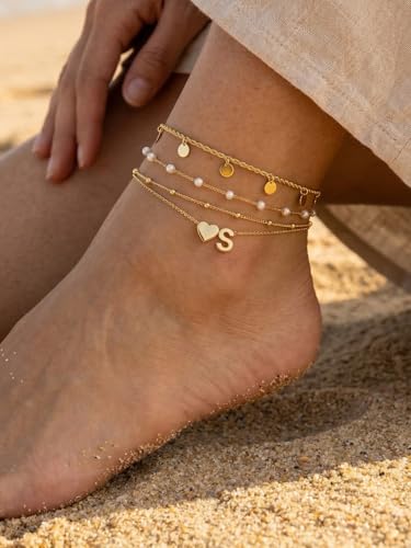 Ankle Bracelets for Women Waterproof 14K Gold/Silver/Black Initial Anklet for Women Dainty Layered Heart Ankle Bracelets Stainless Steel Adjustable Foot Chain Anklet Summer Beach Jewelry - color: X-Gold