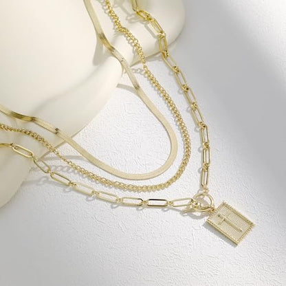 Evabelle Gold Layered Necklace for Women Trendy Jewelry 14K Real Gold Plated Chunky Chain Stackable Necklaces Dainty Choker Necklaces Rectangle Square Pendant - color: Gold Necklace 23