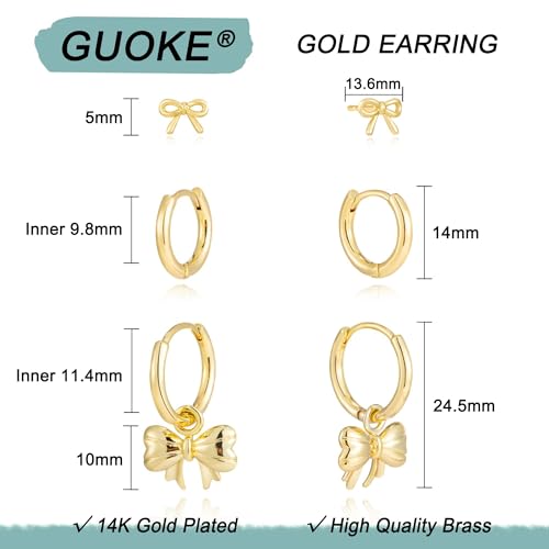 3 Pairs Earring Stacks, Gold Earring Set Jewelry Gift for Women | Small, 14K Gold/White Gold/Black/Rose Gold Plated, Hypoallergenic, Her, Everday, Stackable, Simple, 3 Holes - color: Gold-Bow