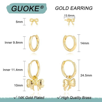 3 Pairs Earring Stacks, Gold Earring Set Jewelry Gift for Women | Small, 14K Gold/White Gold/Black/Rose Gold Plated, Hypoallergenic, Her, Everday, Stackable, Simple, 3 Holes - color: Gold-Bow
