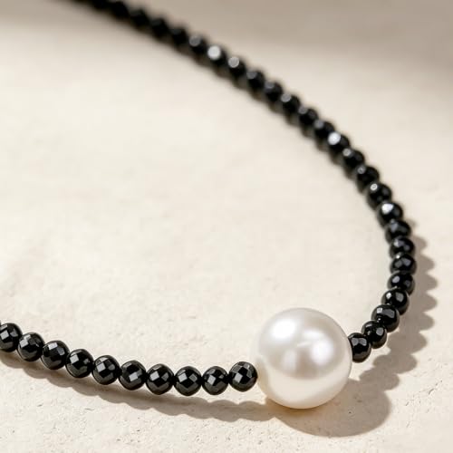 Single Pearl Choker Pendant Necklaces for Women, Natural Gemstone Womens Black Stone Beaded Choker Necklace, Dainty Round Freshwater Pearl Handmade Jewelry Gift Women Birthday Bridesmaids Anniversary 16 18 inch - color: 01-black/white, size: 18"