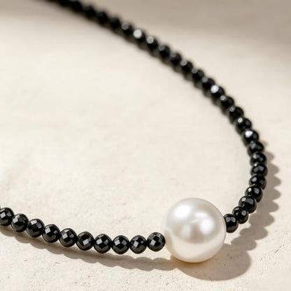 Single Pearl Choker Pendant Necklaces for Women, Natural Gemstone Womens Black Stone Beaded Choker Necklace, Dainty Round Freshwater Pearl Handmade Jewelry Gift Women Birthday Bridesmaids Anniversary 16 18 inch - color: 01-black/white, size: 18"