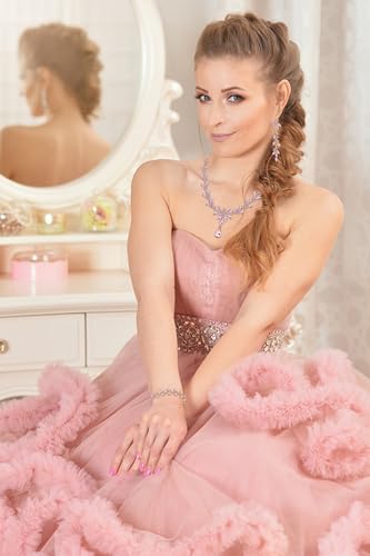 Paxuan Wedding Jewelry Sets for Bride Bridesmaid Bridal Jewelry Set for Women Wedding Crystal Necklace Earrings Bracelet Set for Party Prom Jewelry - color: Pink - 14KC Gold Plated