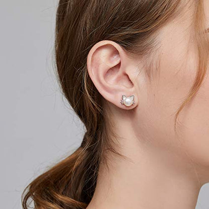 Han han Pearl Stud Earrings for Women 925 Sterling Silver, Pearl Jewelry Gift for Women 8MM-13MM - style: F-Cat Pearl Studs-8mm