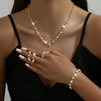 Wedding Jewelry Sets for Brides Rhinestone Necklace and Earring Set Bracelet Ring Gold Silver Prom Jewelry Sets Diamond Flower Teardrop Necklace for Women - color: Style1-Gold-4pcs