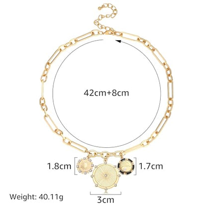 Chunky Gold Necklace for Women, 18K Waterproof Heart Necklace Statement Necklace Gold Charm Necklace Chunky Jewelry Paperclip Chain Choker Gift for Women - style: Three Coin