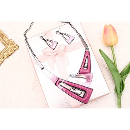 SFE Irregular Enamel Triangle Shape shell Collar Bib Bohemian Boho Statement Necklace Earrings Fashion Costume Jewelry Set for Women - color: Pink-Gun Plated