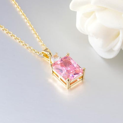 CiNily Rectangular Crystal Necklace for Women Trendy, Pendant Necklace with Chain 14K White Gold | Gold Plated Multicolor Birthstone Pendant Necklaces Boho Jewelry for Christmas Birthday Wedding - color: Gold-Pink cz