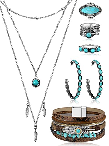 Ecally Bohemian Western Jewelry Turquoise Set Women Country Pendant Long Choker Layered Bracelets Earrings Ring for Women - color: Turquoise, style: Boho