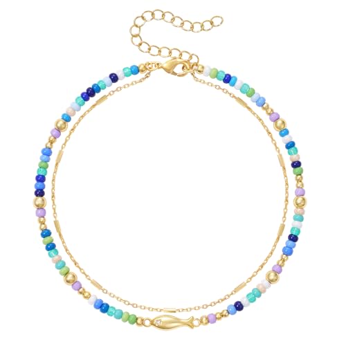 KELORIS PATH Beaded Ankle Bracelets for Women, Fish Charm Anklet | Layered Bead Anklets Stack with 14K Gold Plated Fish Pendant, Adjustable Summer Beach Waterproof Jewelry Gift for Her - color: Blue