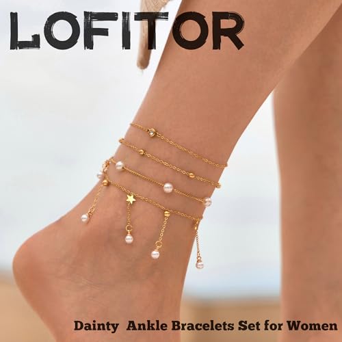 LOFITOR Anklets for Women Ankle Bracelet Charm Link Chain Set Foot | Waterproof Dainty Cz Evil Eye Beaded Anklets Adjustable Beach Foot Jewelry Feet Chains, Summer Beach Foot Jewelry Gifts - style: Pearl Gold