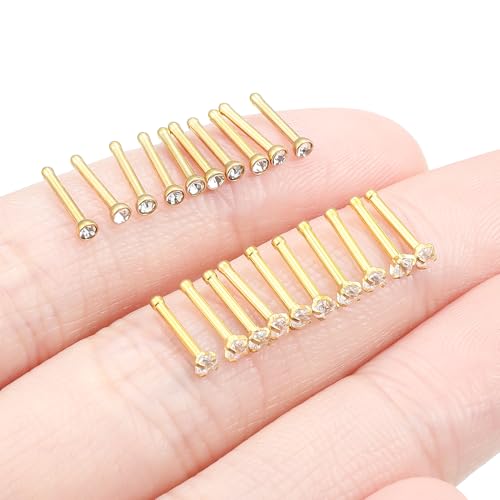 20Pcs Nose Rings Studs Surgical Steel L-Shape Nose Rings for Women 1.5mm 2mm Cubic Zirconia Nose Screw Studs Hypoallergenic Nose Piercings Jewelry 24g 22g 20g 18g - color: straight,goldtone, size: 18g,2mm CZ