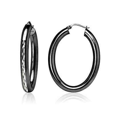 Hoops & Loops 925 Sterling Silver 4.5mm Thick Oval Diamond-Cut Hoop Earrings, 25mm 30mm, Silver, Yellow Gold, Rose Gold & Black - color: Black 30mm-1.2''