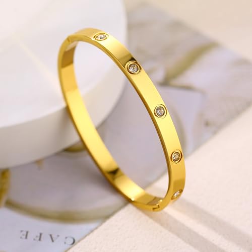 Women's Stainless Steel 18K Gold-Plated Cubic Zirconia Bracelet, Love and Friendship Jewelry Bracelet, Cuff Crystal Jewelry for Mother's Day, Father's Day, Valentine's Day, the Best Gifts for Married and Birthdays - color: Zircon Gold