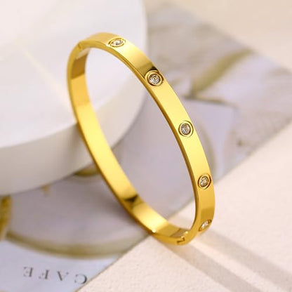 Women's Stainless Steel 18K Gold-Plated Cubic Zirconia Bracelet, Love and Friendship Jewelry Bracelet, Cuff Crystal Jewelry for Mother's Day, Father's Day, Valentine's Day, the Best Gifts for Married and Birthdays - color: Zircon Gold