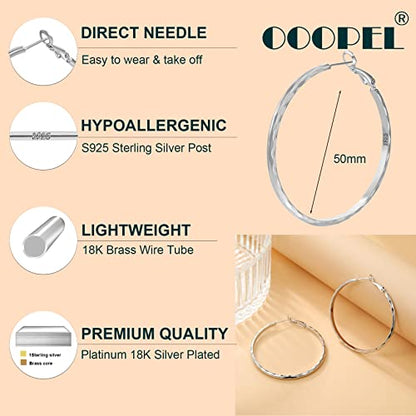 Sterling Silver Hoop Earrings - Diamond-Cut Circle Hoops, Hypoallergenic, 3mm Thin, Oversize 20/30/40/50/60mm - color: Silver,50mm