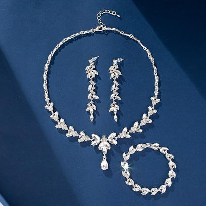 Paxuan Wedding Jewelry Sets for Bride Bridesmaid Bridal Jewelry Set for Women Wedding Crystal Necklace Earrings Bracelet Set for Party Prom Jewelry - color: White - Silver