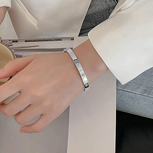 VQYSKO Love Friendship Bracelet Bangle Gold Rose Gold Silver with Cubic Zirconia Stones Stainless Steel Hinged Jewelry with Crystal Oval Bracelet Birthday Present for Her Women Teen Girls - style: 6.3 Inch-Oval-Silver