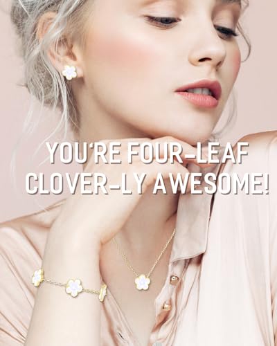 AICase Clover Jewelry Set,18K Gold Plated Lucky Clover Bracelet,Four Leaf Clover Necklace and Clover Earrings Fashion Jewelry Sets Gifts for Women/Mon - color: White