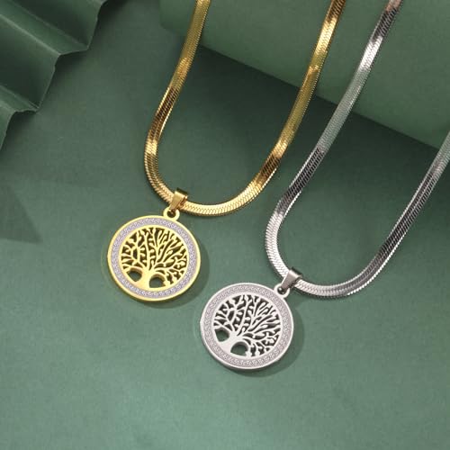 Dreamtimes Tree of Life Necklace for Women Stainless Steel Gold Color Clear Zircon Round Pendant Neck Chains Family Tree Fashion Charm Luxury Jewelry Wedding Gift - color: GOLD-2