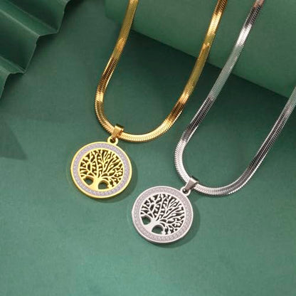 Dreamtimes Tree of Life Necklace for Women Stainless Steel Gold Color Clear Zircon Round Pendant Neck Chains Family Tree Fashion Charm Luxury Jewelry Wedding Gift - color: GOLD-2