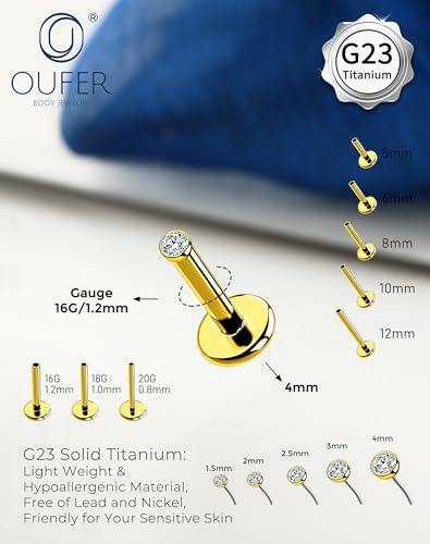 OUFER 2Pcs 20G/18G/16G G23 Titanium Threadless Nose Stud Earrings Flat Back Tiny CZ Small Nose Helix Cartilage Tragus Conch Labret Medusa Monroe Piercing Jewelry for Women Men - color: Gold, size: 2pcs, 16g 6mm, 1.5mm cz