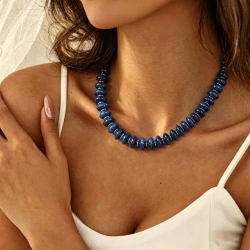 Resin Chunky Beaded Necklace for Women,Vacation Jewelry | Acrylic Beads,Boho Summer Beach Handmade Jewelry,Trendy Bold Statement Beaded Necklace,Birthday Gift for Women - color: Navy Blue