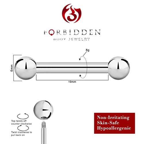Forbidden Body Jewelry nipple barbell, nipple bars, silver nipplerings piercing Surgical Steel 8g - 18g Straight Barbell Body Jewelry (Sold Individually) - style: 8G 19mm (3/4") 6mm Balls