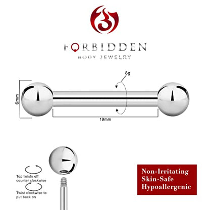 Forbidden Body Jewelry nipple barbell, nipple bars, silver nipplerings piercing Surgical Steel 8g - 18g Straight Barbell Body Jewelry (Sold Individually) - style: 8G 19mm (3/4") 6mm Balls
