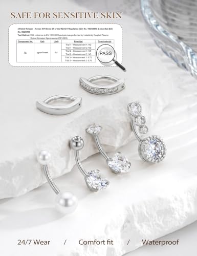 Hypoallergenic Belly Button Ring for Women | 14G, Stainless Steel, Gold Heart CZ Beaded Ball Pearl Belly Ring Stack, Curved Navel Belly Button Piercing Body Jewelry, 9PCS - color: 6PCS-Silver Plated