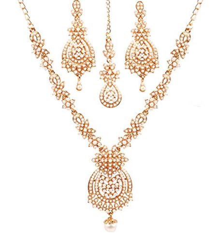 Touchstone Indian jewelry sets for women maang tikka wedding guest gold necklace bollywood jewellery set pageant elegant prom bride accessories western crystal chunky rhinestone necklaces - color: 1 Pearl in gold plating pearl drop
