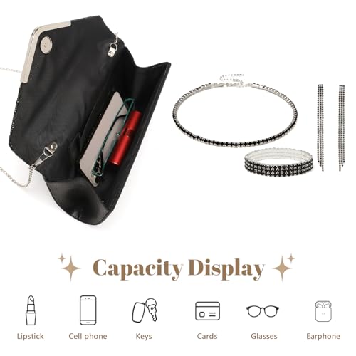YYW 4 Pieces Women Evening Handbags Clutch Purse Bag with Rhinestone Crystal Jewelry Set for Wedding Party - color: Black-925822