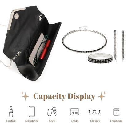 YYW 4 Pieces Women Evening Handbags Clutch Purse Bag with Rhinestone Crystal Jewelry Set for Wedding Party - color: Black-925822