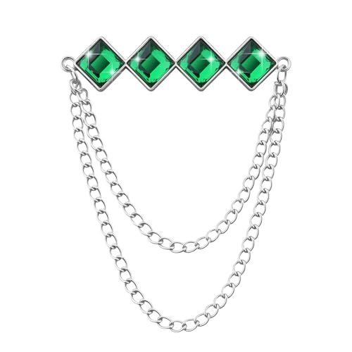 Gem Brooch Pins Hanging Chain Lapel Pin for Men Suits Metal Tassel Chain Collar Pins Suit Brooch Vintage Crystal Rhinestone Brooches for Men Wedding Business Prom Party - color: Green-J