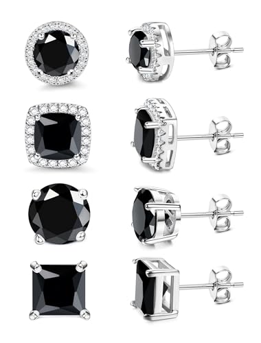 MILACOLATO S925 Sterling Silver Stud Earrings for Women Men Hypoallergenic 18K Gold Plated Cubic Zirconia Earrings Studs Brilliant Simulated Diamond Halo Earring for Sensitive Ears - style: 18K White Gold Plated - Black CZ