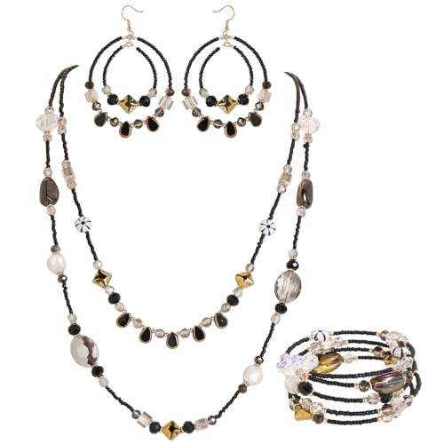 Bocar Bohemian Handmade Beaded Jewelry Set for Women 3 Pcs Layered Necklace Hoop Earrings Wrap Bracelet Set Boho Summer Vacation Jewelry Gift (NK-10834) - color: Black
