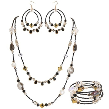 Bocar Bohemian Handmade Beaded Jewelry Set for Women 3 Pcs Layered Necklace Hoop Earrings Wrap Bracelet Set Boho Summer Vacation Jewelry Gift (NK-10834) - color: Black