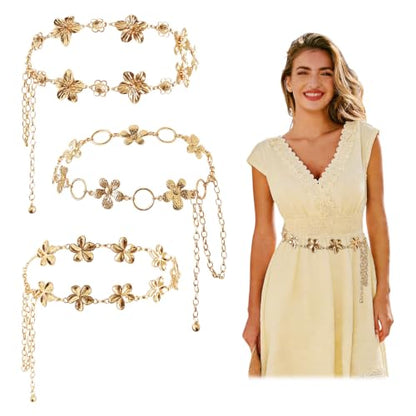 3 Pcs Gold Chain Belt for Women, Adjustable Waist Chain with Clover Butterfly Disc Pendants, Body Jewelry, Boho Belts for Women, Summer Beach Party - color: Gold-5