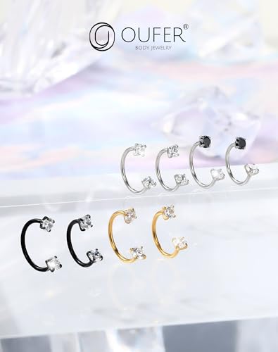 OUFER 2PCS 316L Surgical Steel Horseshoe Nose Rings Hoops, 20G Push Pin Threadless Nose Rings For Women Men, Double Crystal Horseshoe Septum Lip Eyebrow Helix Daith Ear Piercing Jewelry-7mm and 8mm - color: Gold, Clear CZ
