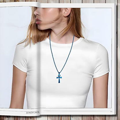 JUNOVUROS 18 to 28 Inches Rolo Chain Ancient Ankh Cross Pendant Necklace for Men Women Boys Girls 316L Stainless Steel with Large And Medium Sizes - color: H-Blue/Size:1.77 '' * 0.98 ", style: 26 Inches