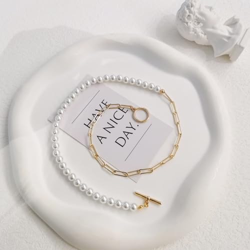 Zeffy Pearl Necklace 4MM/6MM/8MM Dainty Round Imitation Pearl Choker Necklace Wedding Pearl Necklace Delicate Jewelry for Women Simple Bridesmaid Jewelry Gifts - style: 6mm Gold Pearl Paperclip Necklace(17")