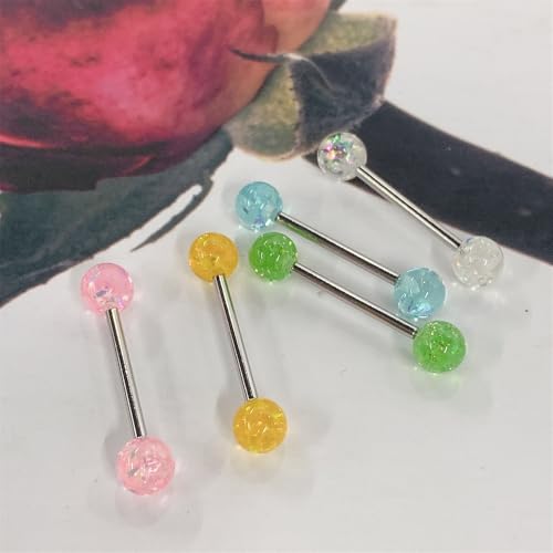 5Pcs Sequins Tongue Rings 14G Stainless Steel Barbell with Glitter Multi-Color Balls Straight Barbell Tongue Piercing Body Jewelry for Women
