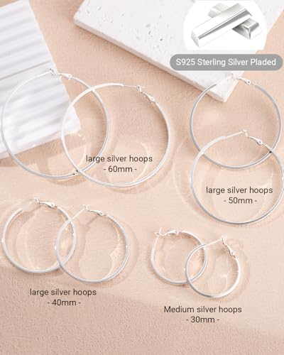 Lightweight 925 Sterling Silver Post Hoop Earrings for Women | 3mm Wide Hypoallergenic Thin Large Hoop Earrings for Women Gift 30/40/50/60mm - size: 60mm Silver