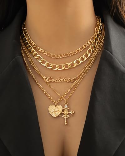 Gold Layered Necklaces for Women Chunky Layered Gold Necklaces Stacked Paperclip Chain Pearl Necklace Herringbone Toggle Clasp Choker Trendy Statement Jewelry Gifts - color: B1:gold layered necklaces