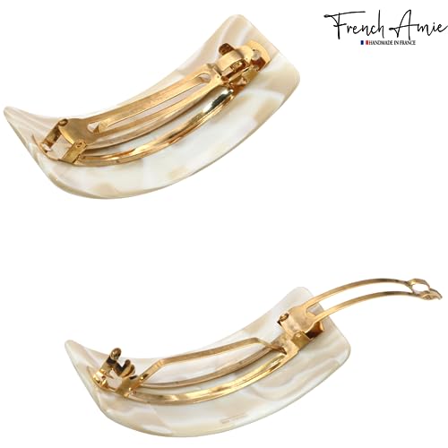 French Amie Broad Curved Oblong Ivory Cream Extra Wide Large Cellulose Acetate Automatic Volume Hair Clip Barrette with Golden Clasp for Women and Girls