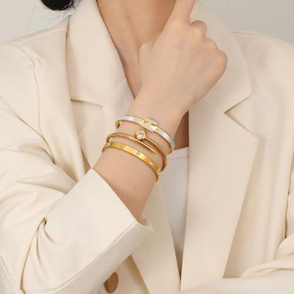 3Pcs Gold Bracelets for Women 14K Gold Plated Love/H/Nail Bangle Bracelet Dainty Non Tarnish Bracelet Jewelry Christmas Mothers Day Gifts for Women - color: 3Pcs Gold/Grey H bracelet